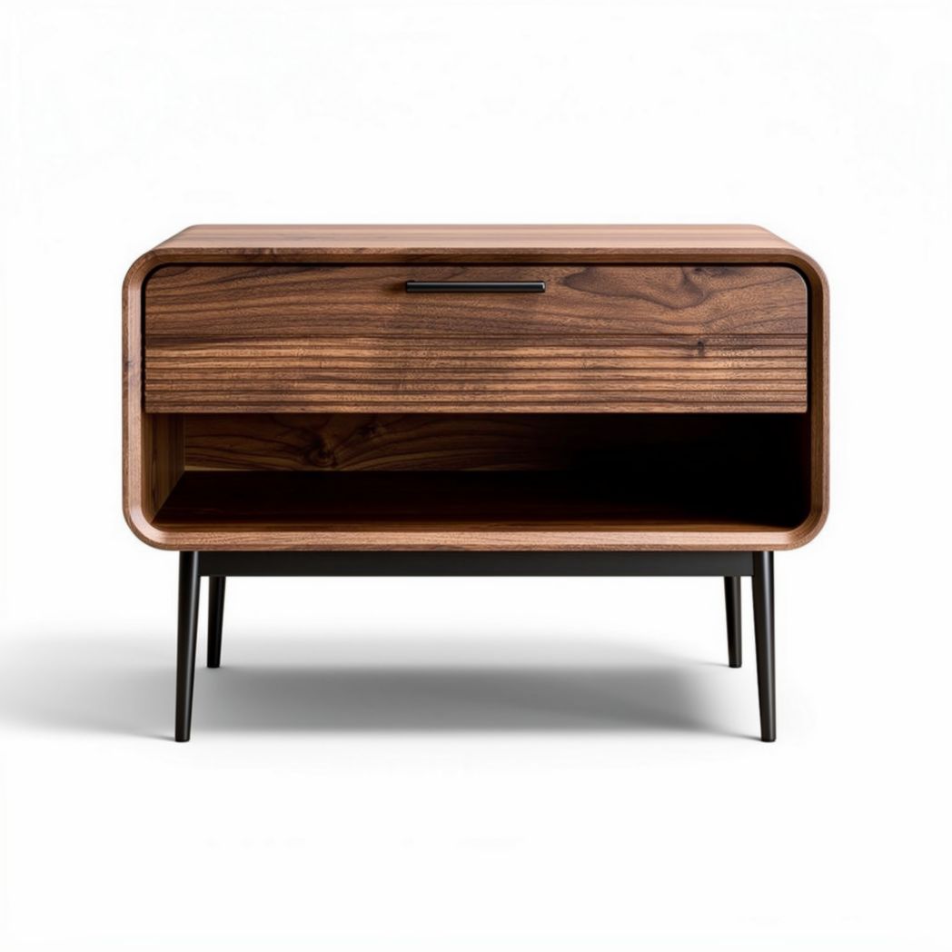 Walnut wood nightstand with drawer and open shelf for bedroom storage