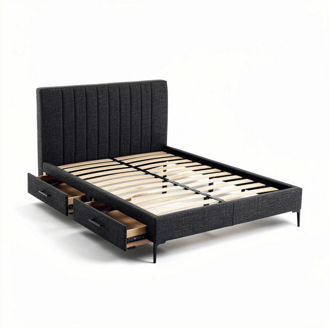 Fabric upholstered queen bed frame with storage drawers and wooden slats 200 x 160 x 100cm