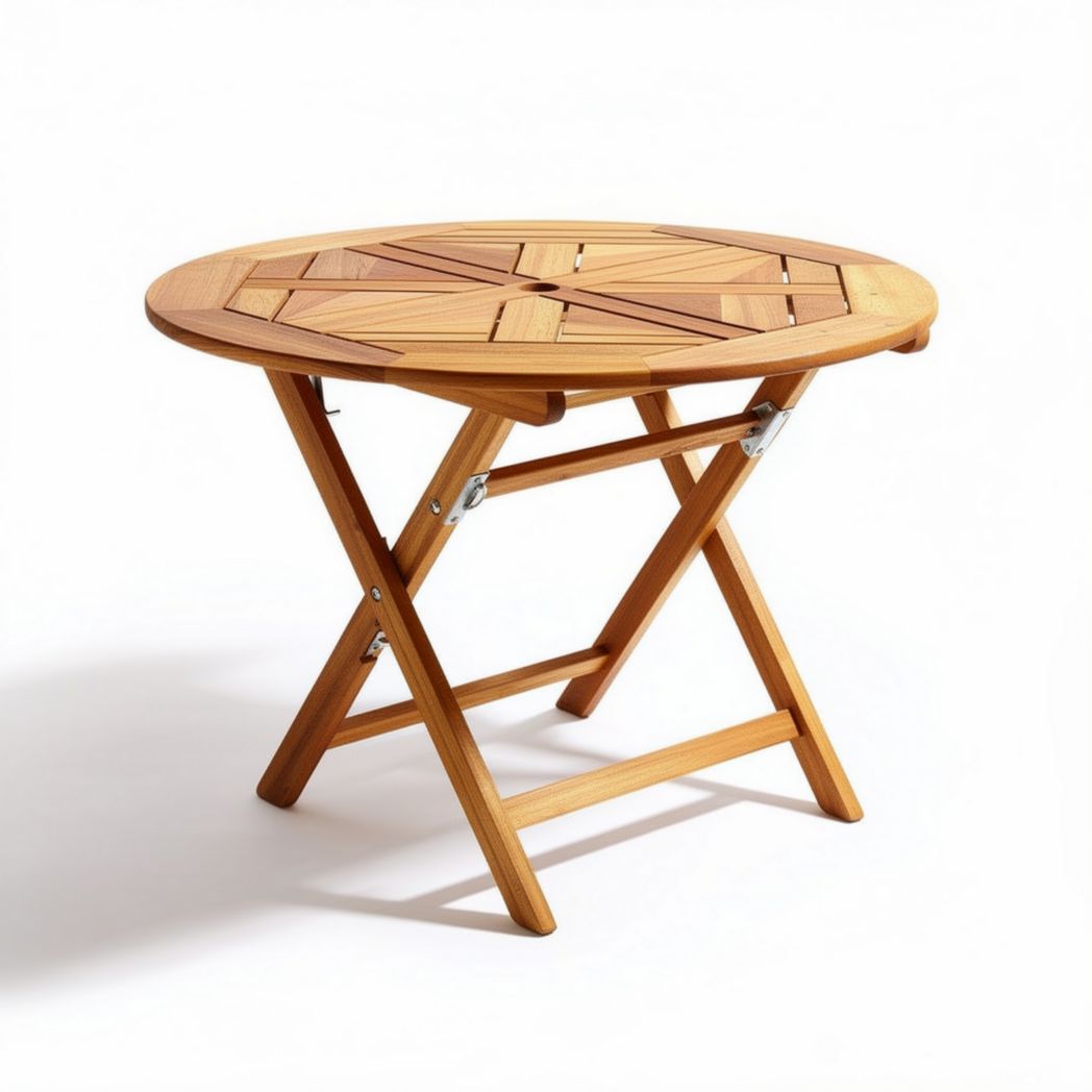 Folding round patio table made of natural wood measures 80 x 80 x 75cm