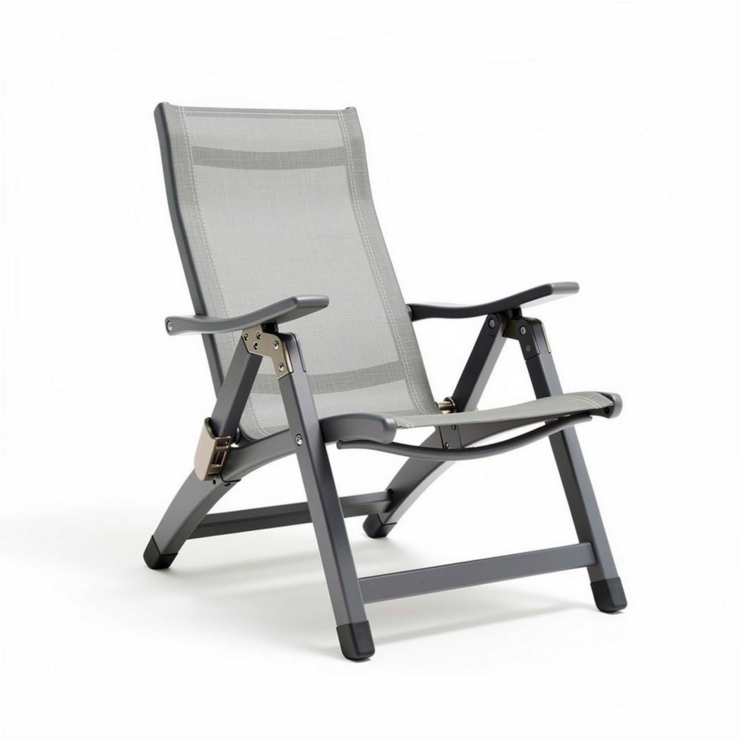 Adjustable patio lounge chair with gray mesh fabric and aluminum frame