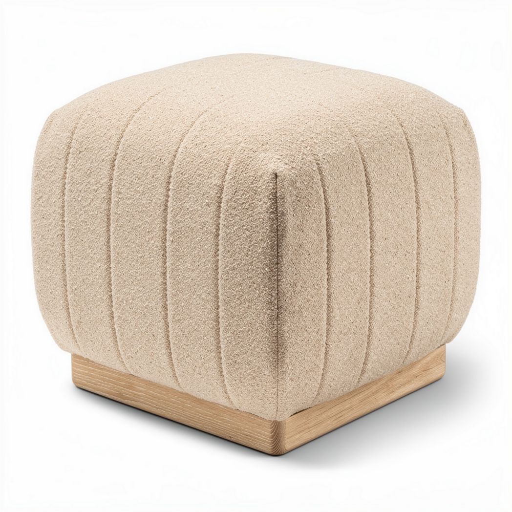 Upholstered square ottoman with a wooden base in beige fabric 40 x 40 x 40cm