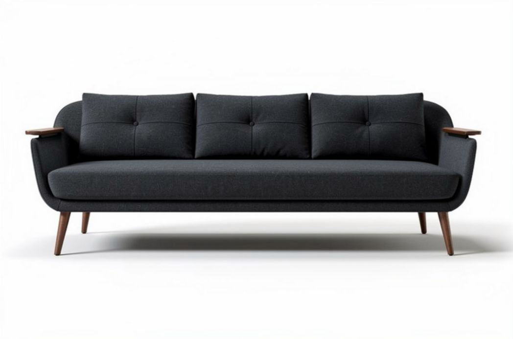 Mid-century modern sofa in dark gray fabric with wooden arms 200 x 85 x 80cm