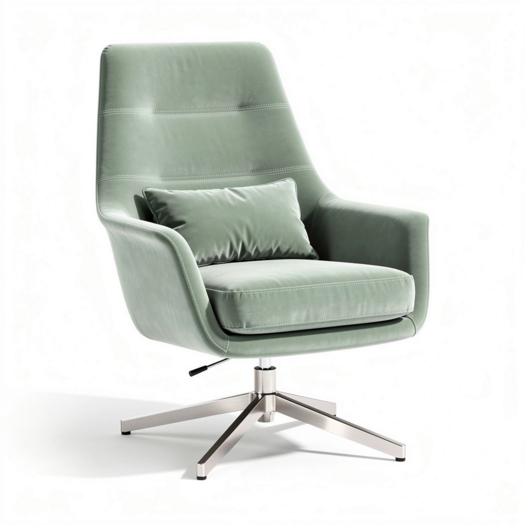 Swivel lounge chair in soft green fabric with metallic base and lumbar support