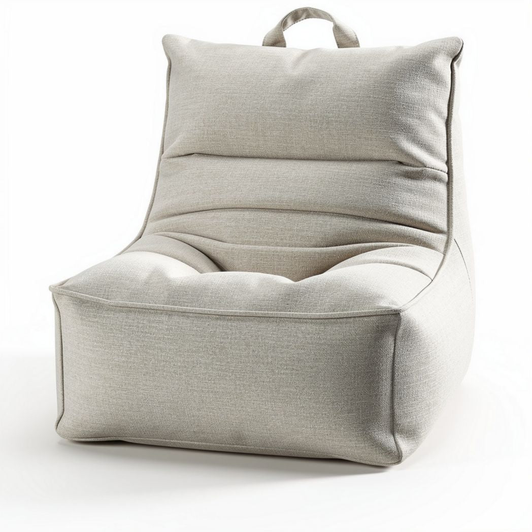 Lounge chair in light gray fabric with ergonomic shape and soft padding