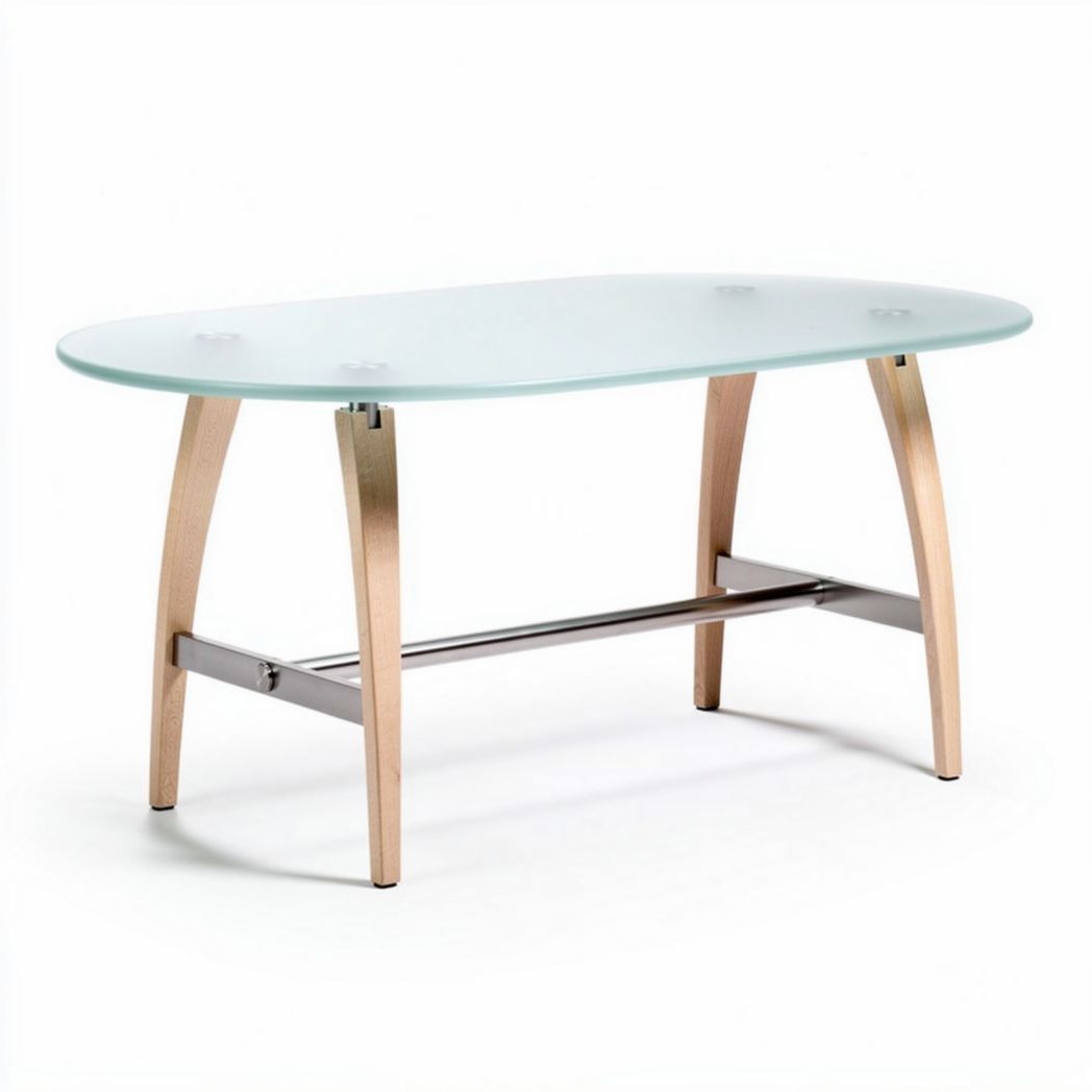 Glass coffee table with wooden legs and metal support 150 x 80 x 75cm