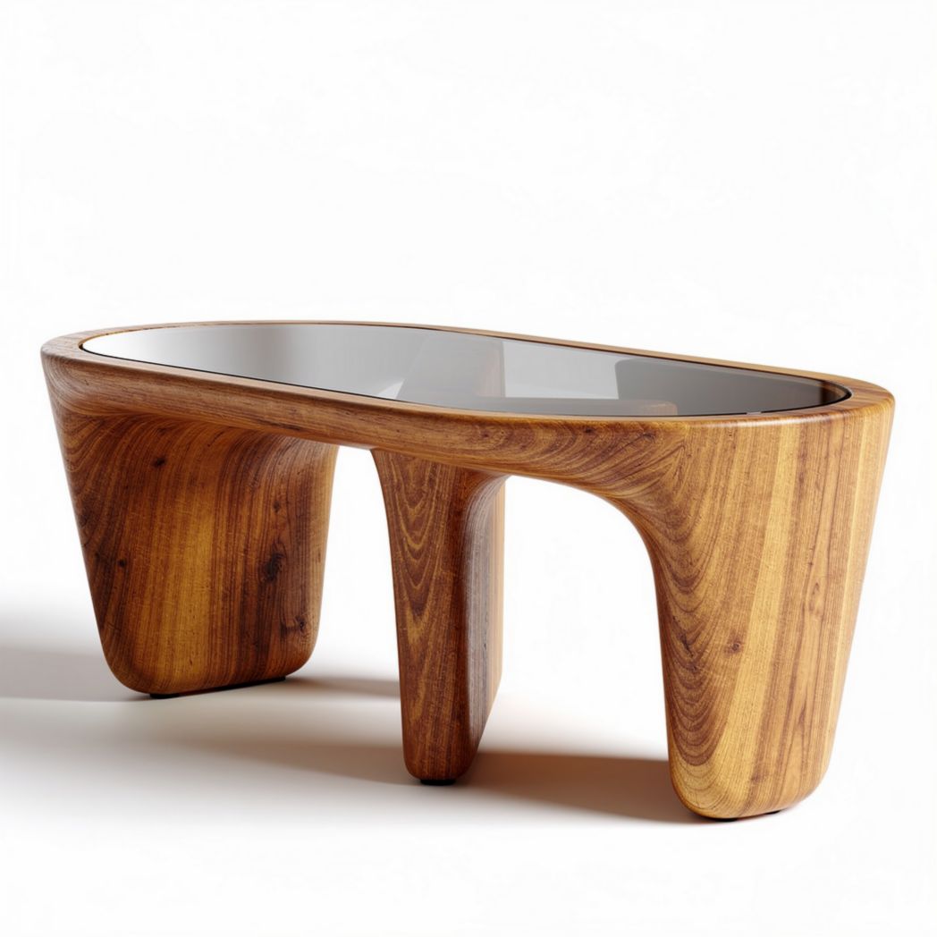 Wooden coffee table with glass top oval design and modern aesthetics 150 x 75 x 40cm
